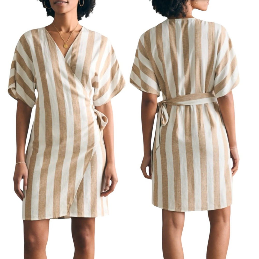Faherty Tan and White Striped Linen Blend Willow Dress